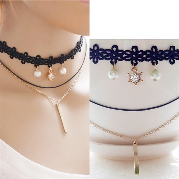 Awesome Triple Layer Faux Pearl Rhinestone Metallic Bar Cord Chain Choker
